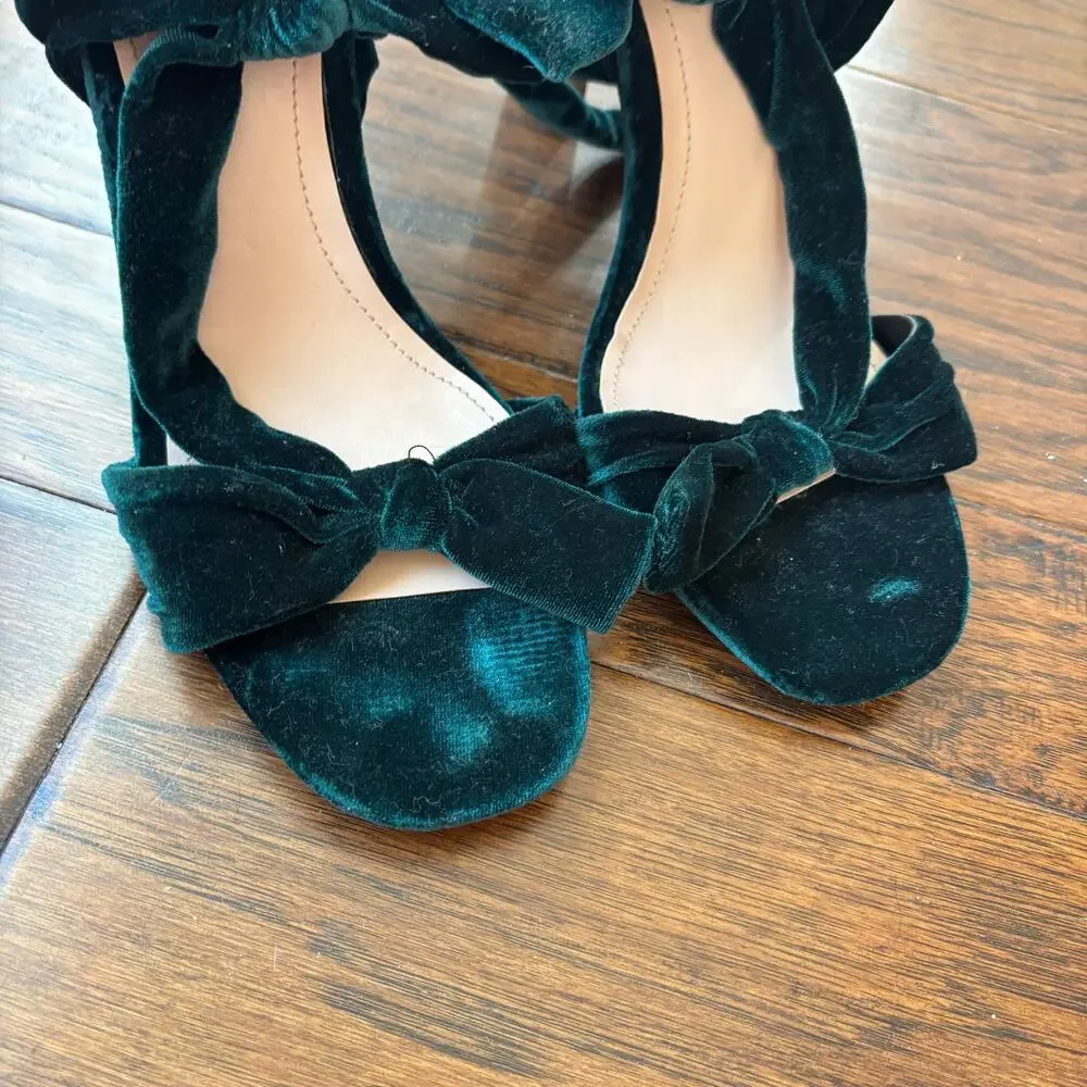 ZARA Emerald Green Velvet Bow Sandals Lace Up Ankle Tie Block Heels Size‎ 10